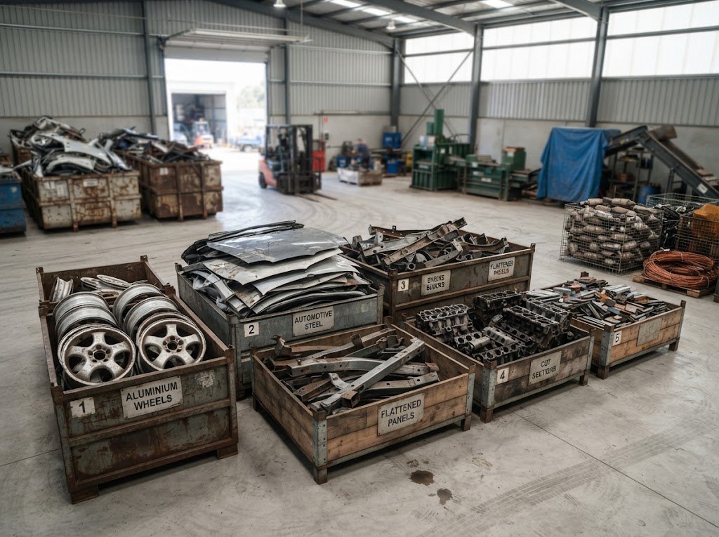 Sorted automotive scrap metal prepared for recycling