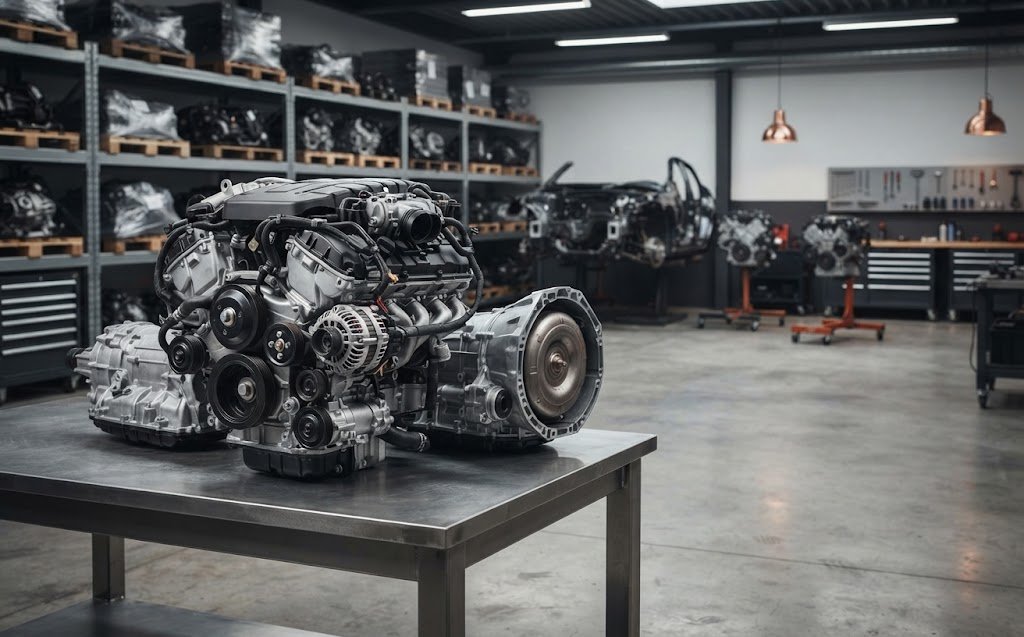Salvaged engine inspected at Omni Corp Auto Salvage