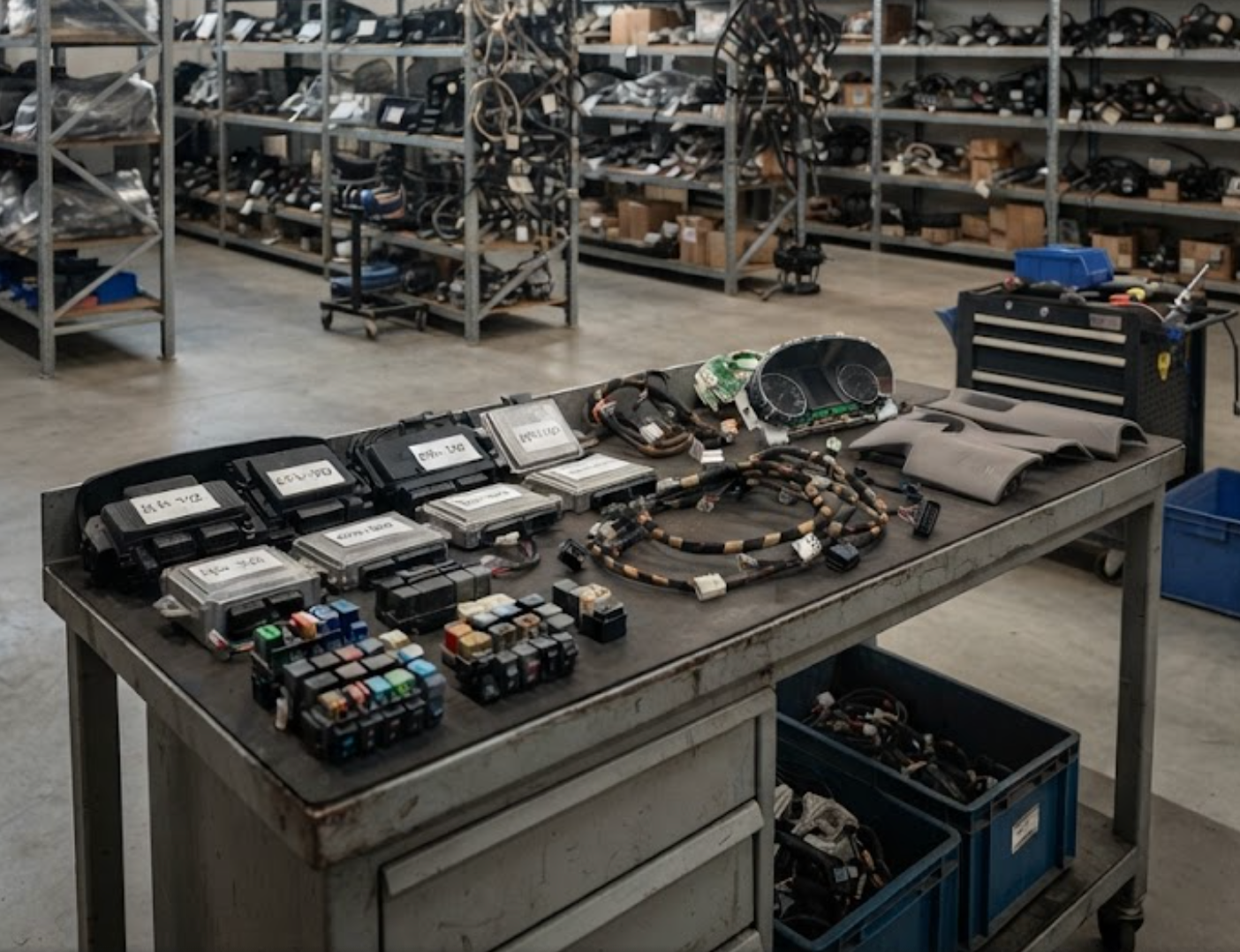 Recovered used automotive electronics and interior components