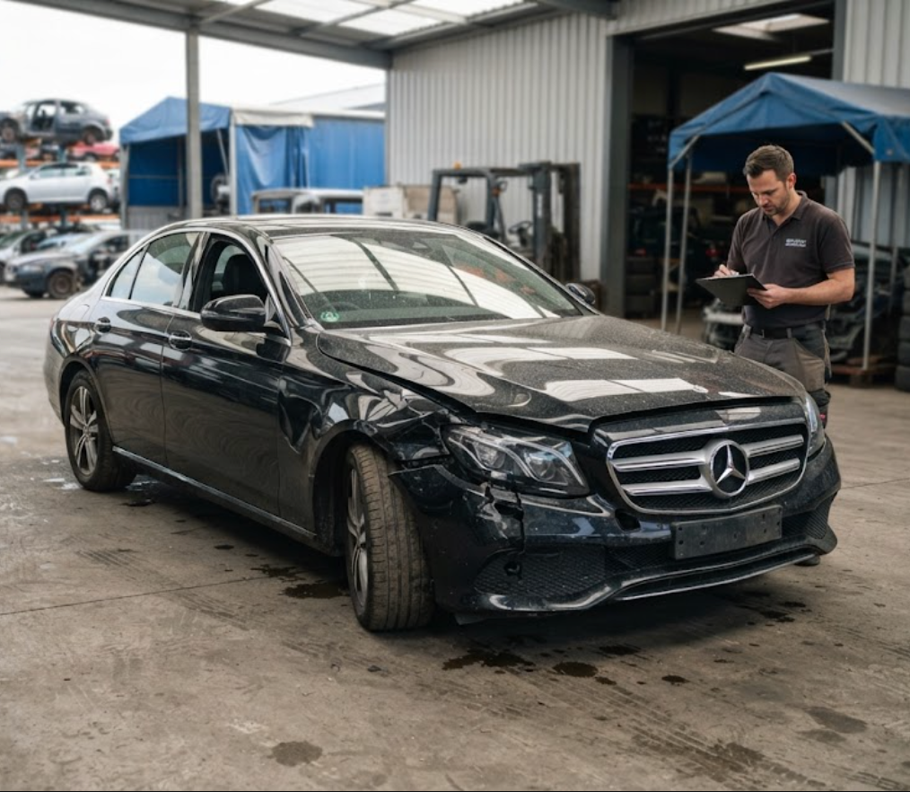 Damaged Mercedes-Benz vehicle ready for assessment by Omni Corp Auto Salvage